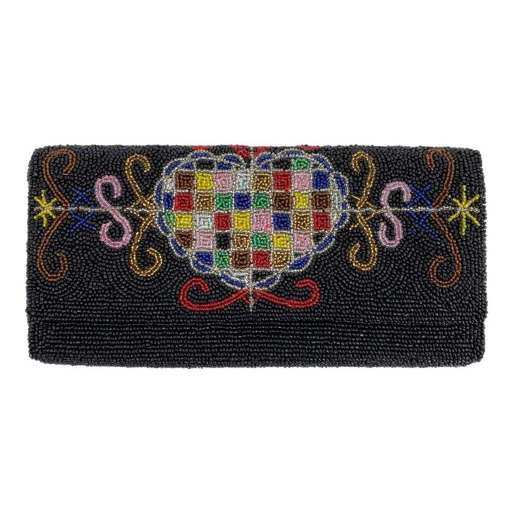 Issa Miladeh Black Multicolor Beaded Heart Clutch